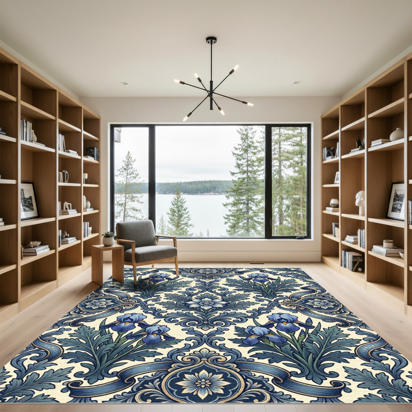 Elegant Blue Iris Floral Damask Rug