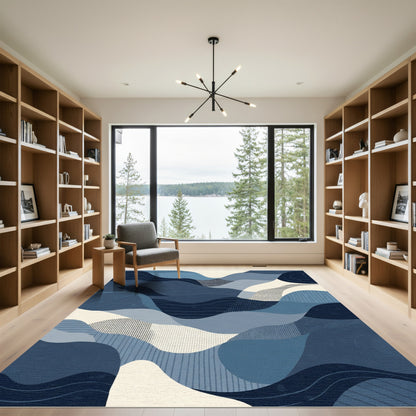 Deep Blue Abstract Wavy Landscape Rug