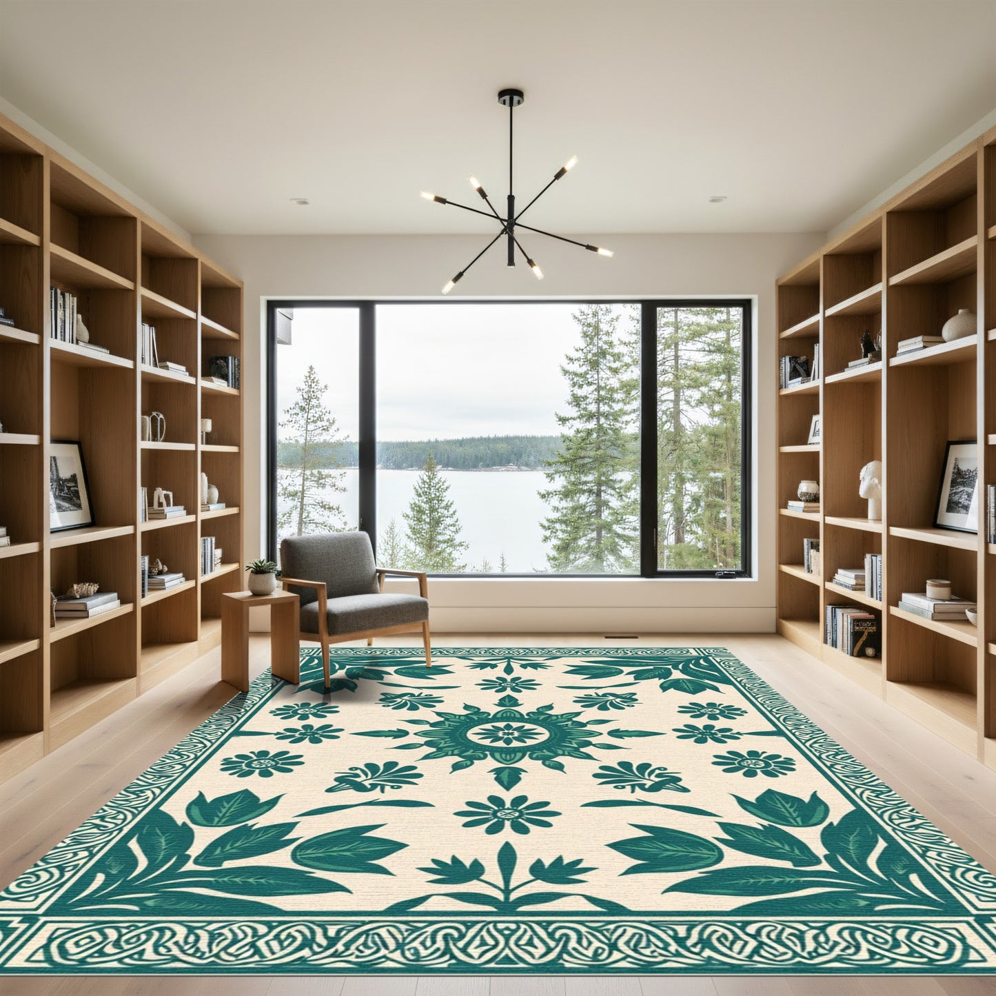 Teal Botanical Medallion Floral Border Rug