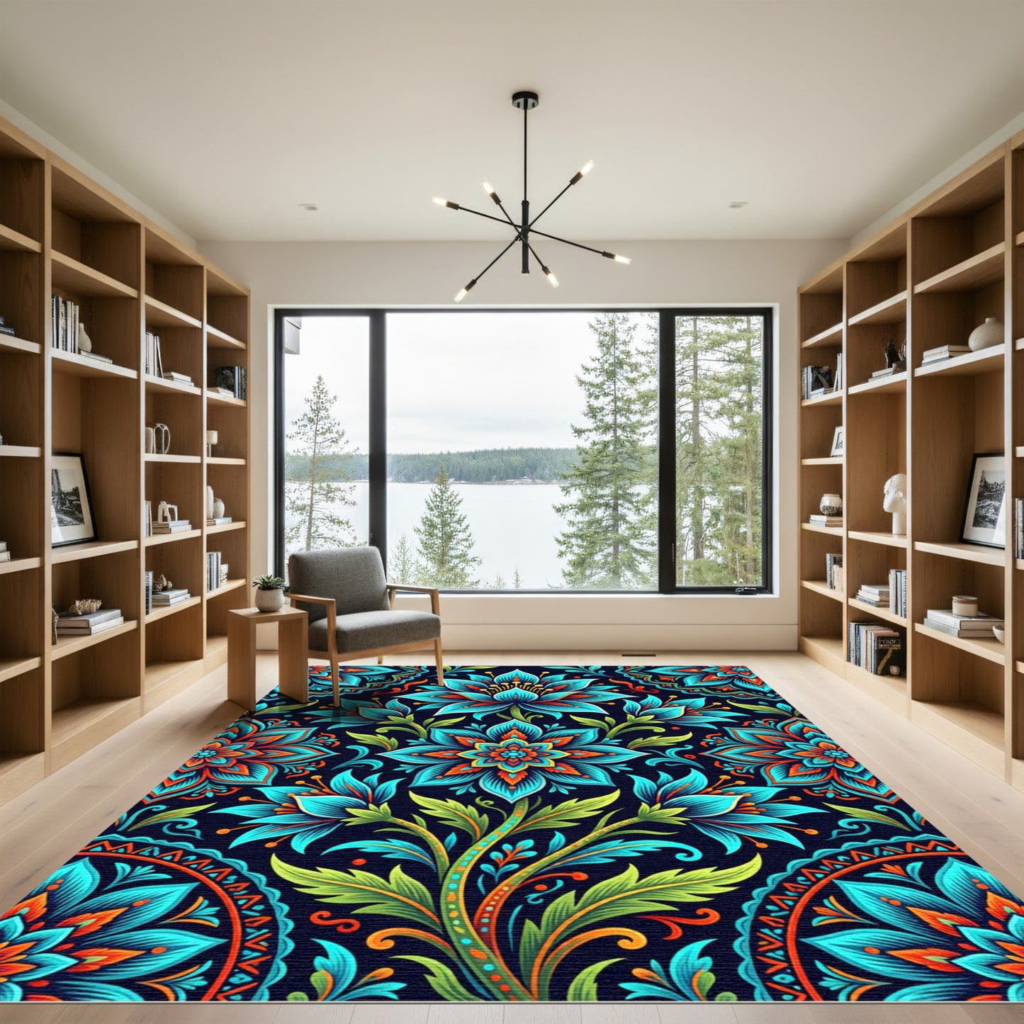 Vibrant Cyan Floral Medallion Garden Rug