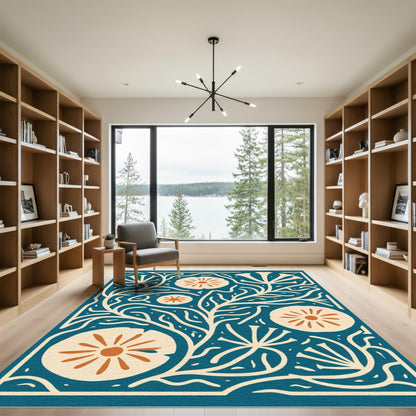 Teal Cream Floral Vine Arrangement Rug