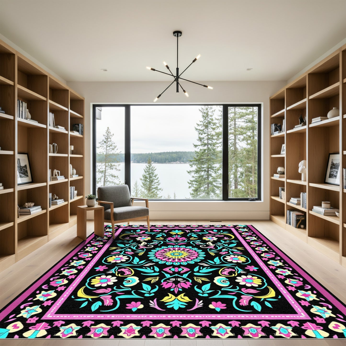 Bold Black Floral Medallion Pink Aqua Rug