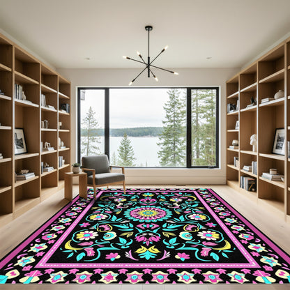 Bold Black Floral Medallion Pink Aqua Rug