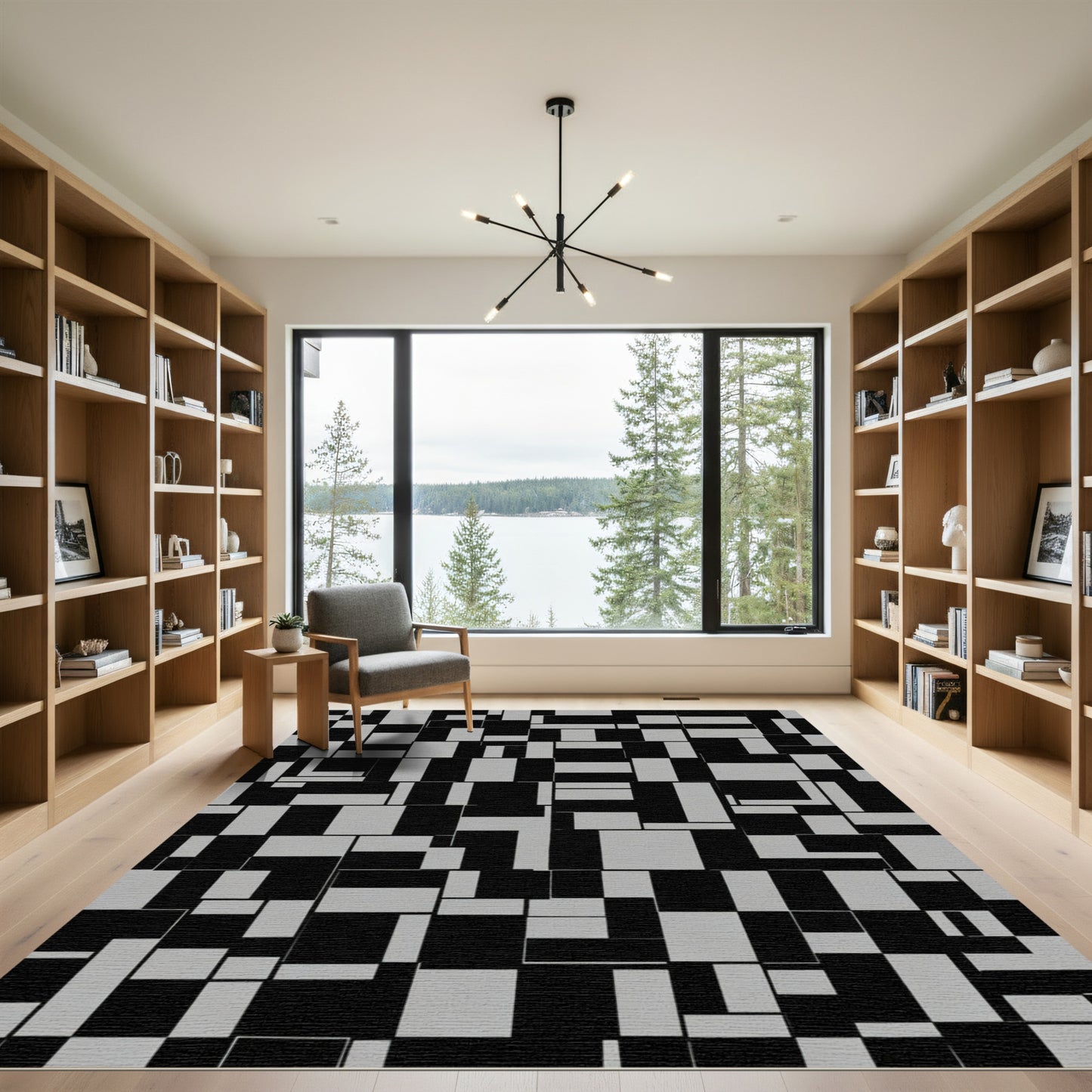 Abstract Black Gray Geometric Mondrian Rug