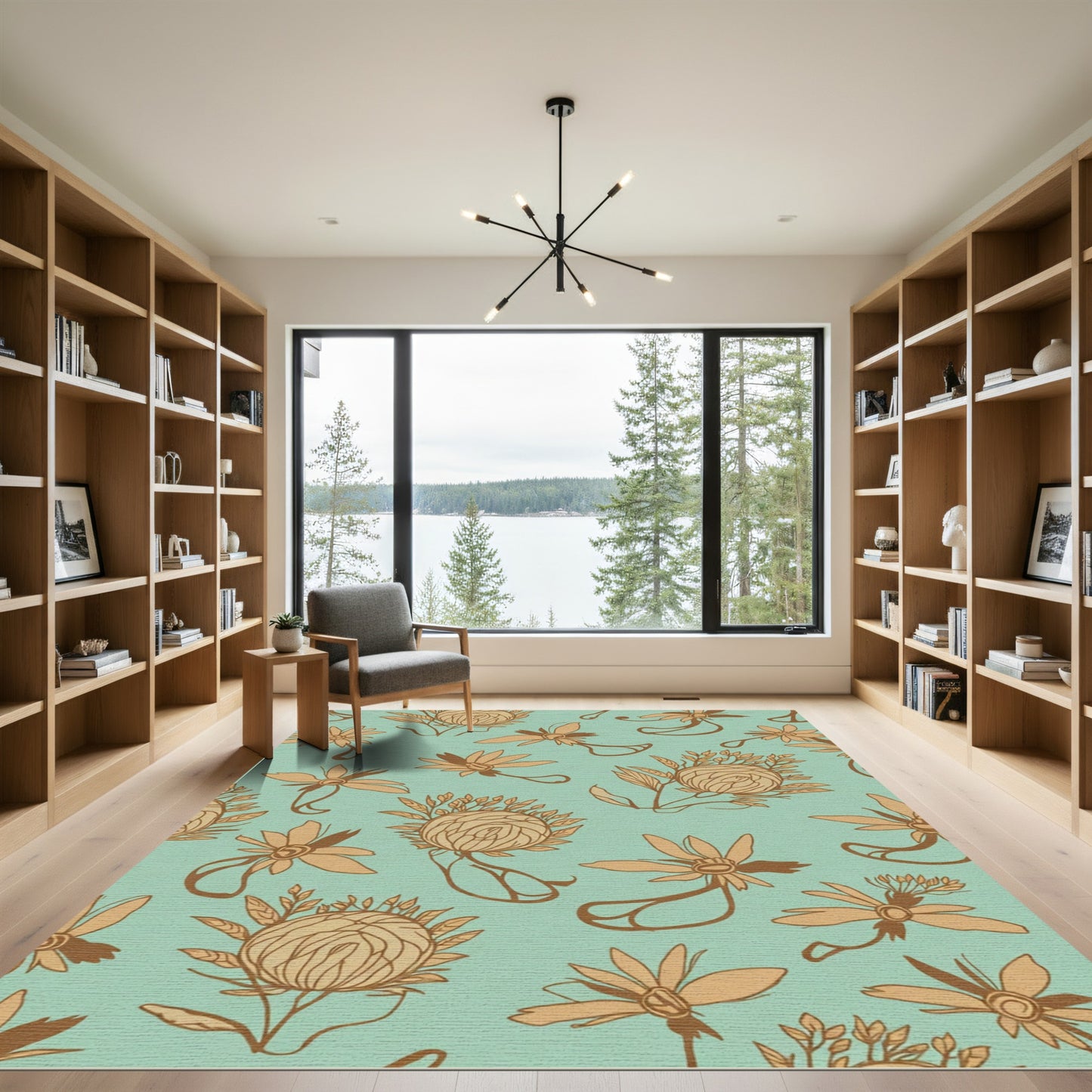 Aqua Tan Floral Line Art Rug