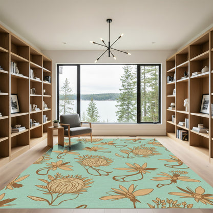 Aqua Tan Floral Line Art Rug