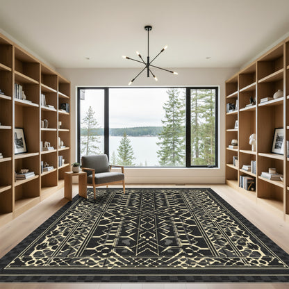 Art Deco Geometric Black Cream Medallion Rug