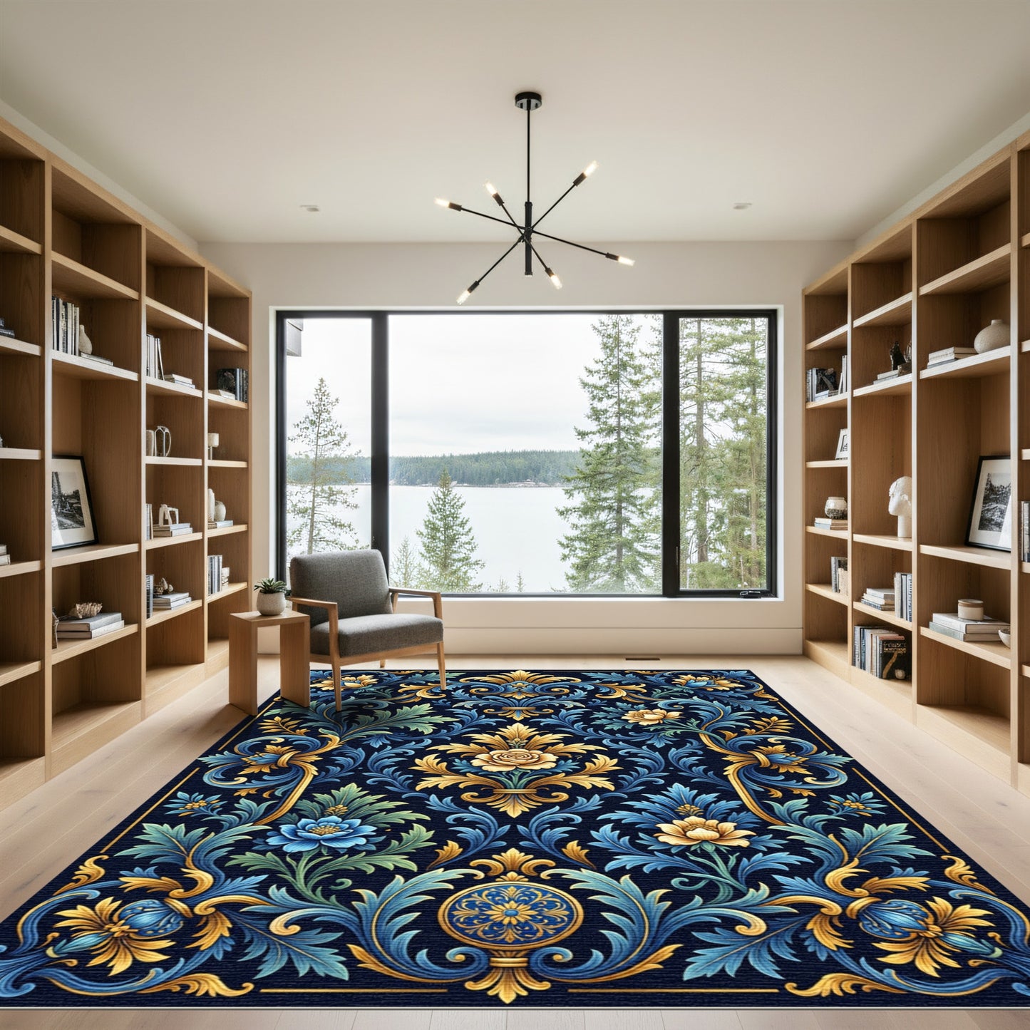 Gilded Blue Floral Accanthus Scroll Rug