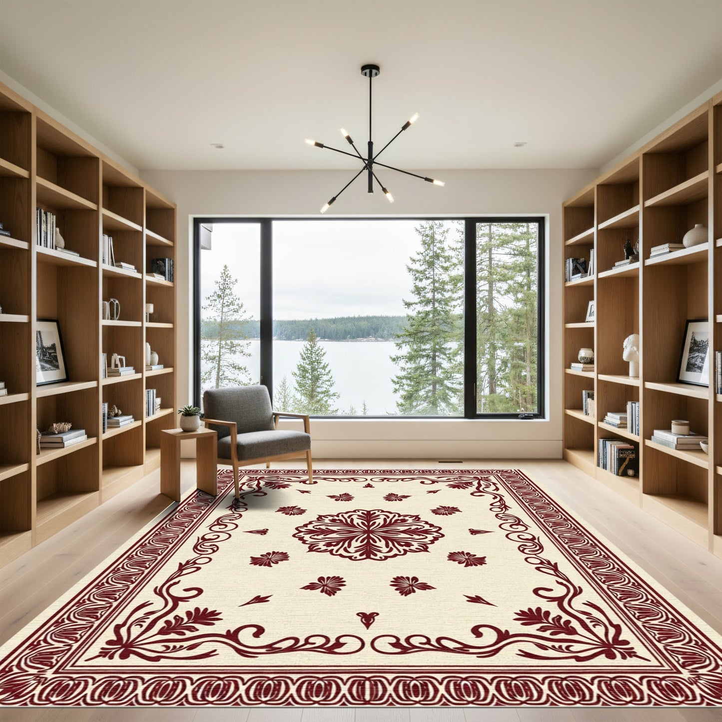 Deep Red Floral Medallion Cream Rug