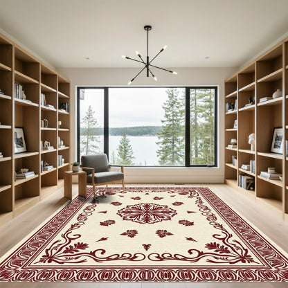 Deep Red Floral Medallion Cream Rug