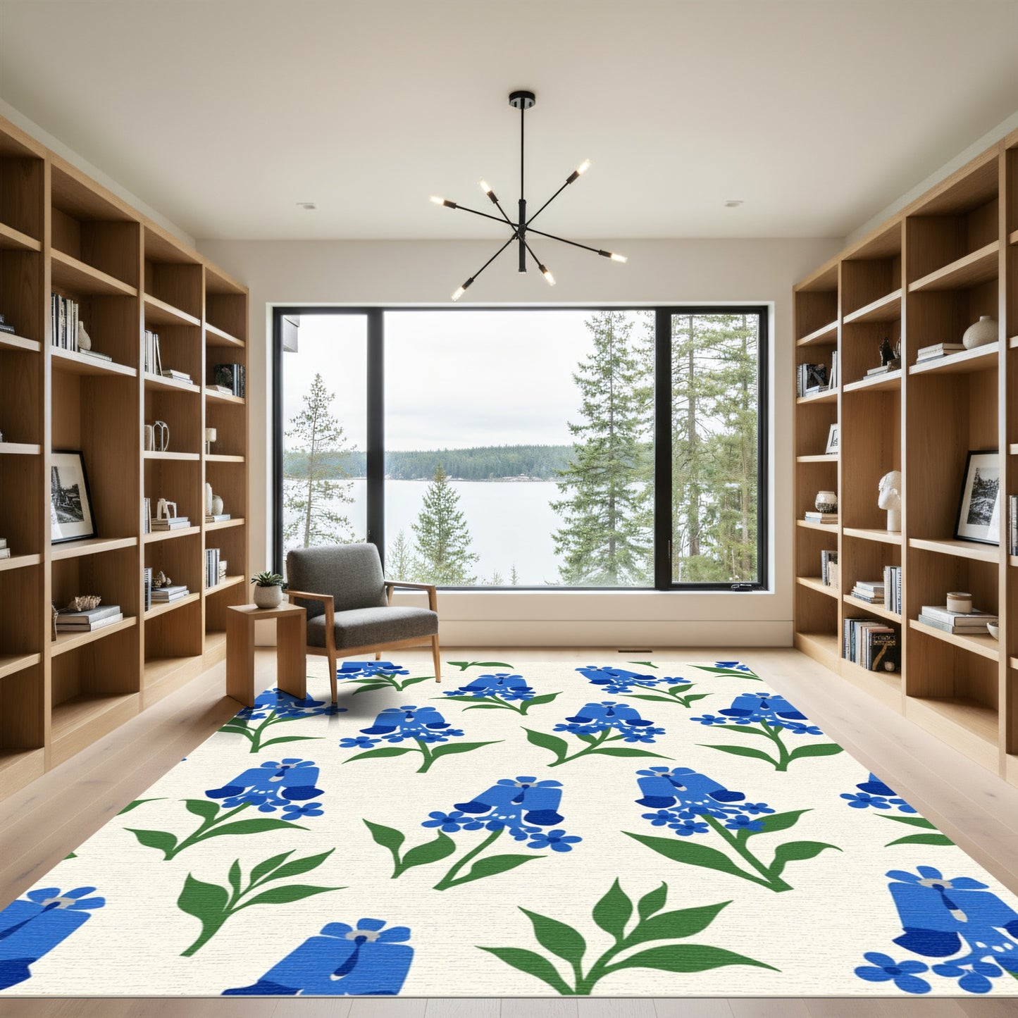 Blue Floral Spray Textured Rug