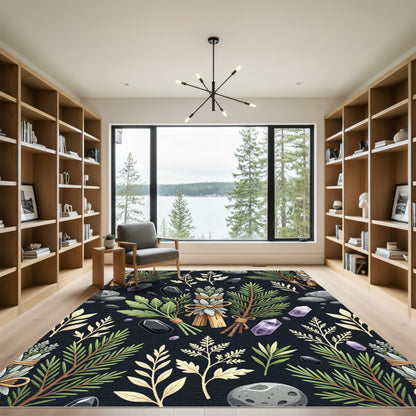 Mystical Botanical Herbal Crystal Black Rug