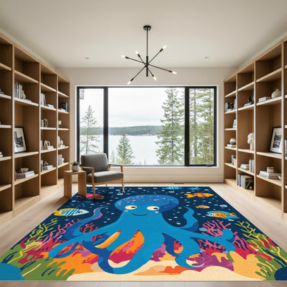 Blue Octopus And Colorful Fish Ocean Rug