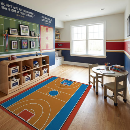 Bold Tan Blue Basketball Court Rug