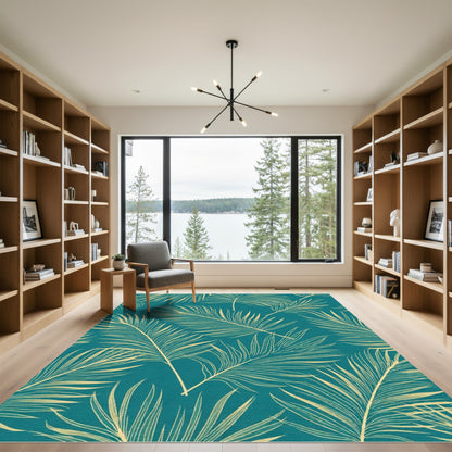 Teal Tropical Feathered Frond Arrangement Rug