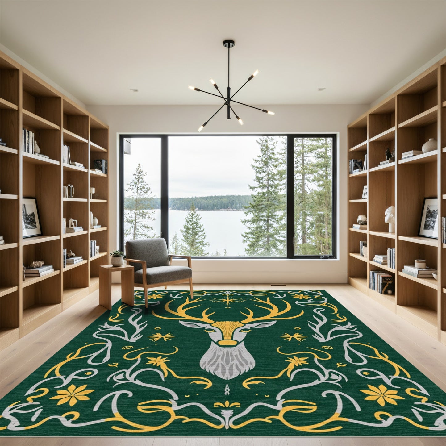Elegant Green Golden Deer Floral Art Rug
