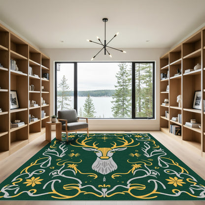 Elegant Green Golden Deer Floral Art Rug