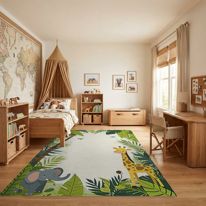 Playful Jungle Giraffe Elephant Palm Rug
