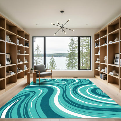 Teal and White Swirl Abstract Rug