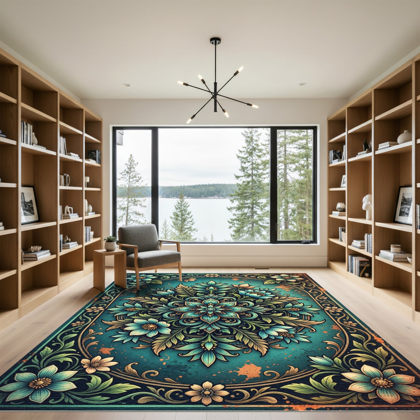 Teal Floral Mandala Botanical Accent Rug