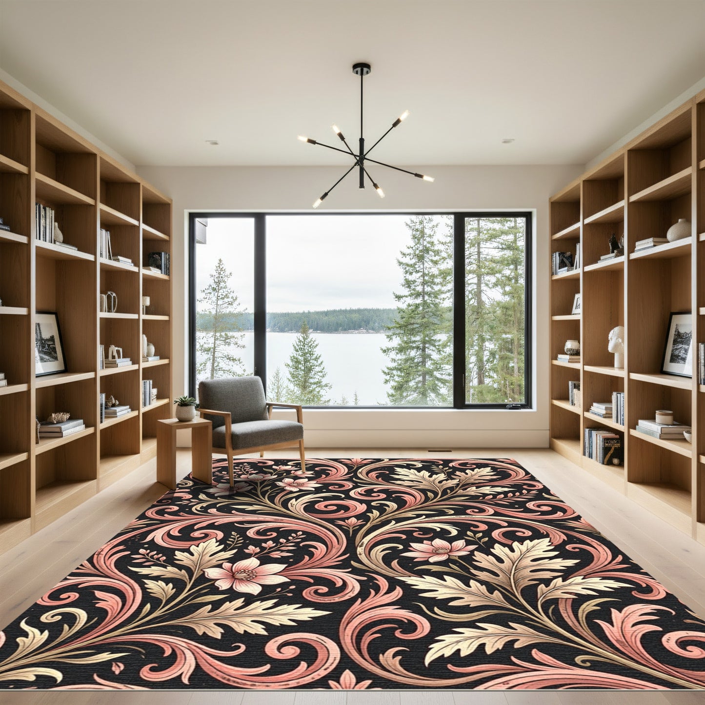 Elegant Blush Floral Damask Scroll Rug