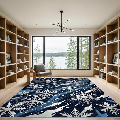 Silver Snowflake Navy Winter Frost Rug