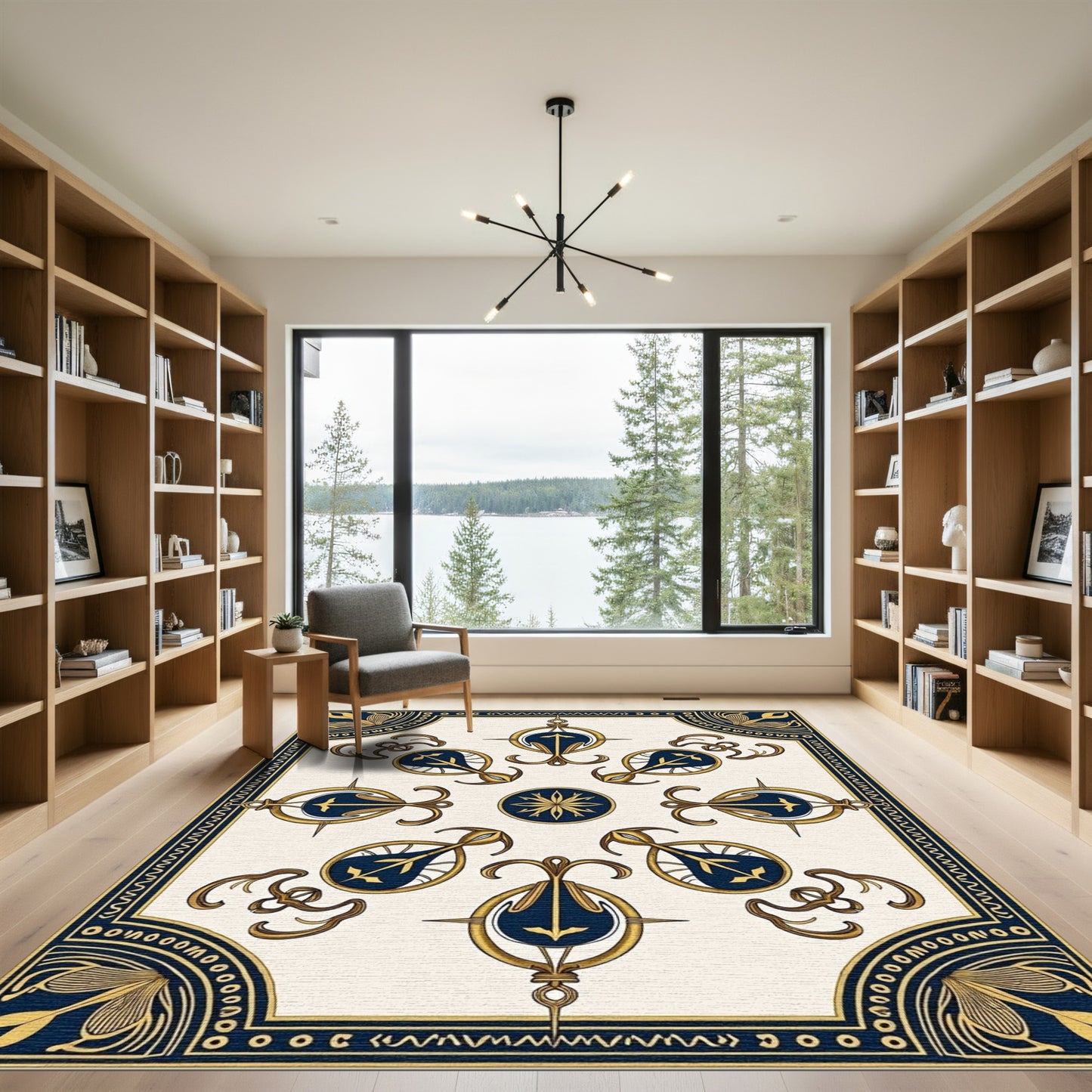 Ornate Navy Gold Compass Motif Rug
