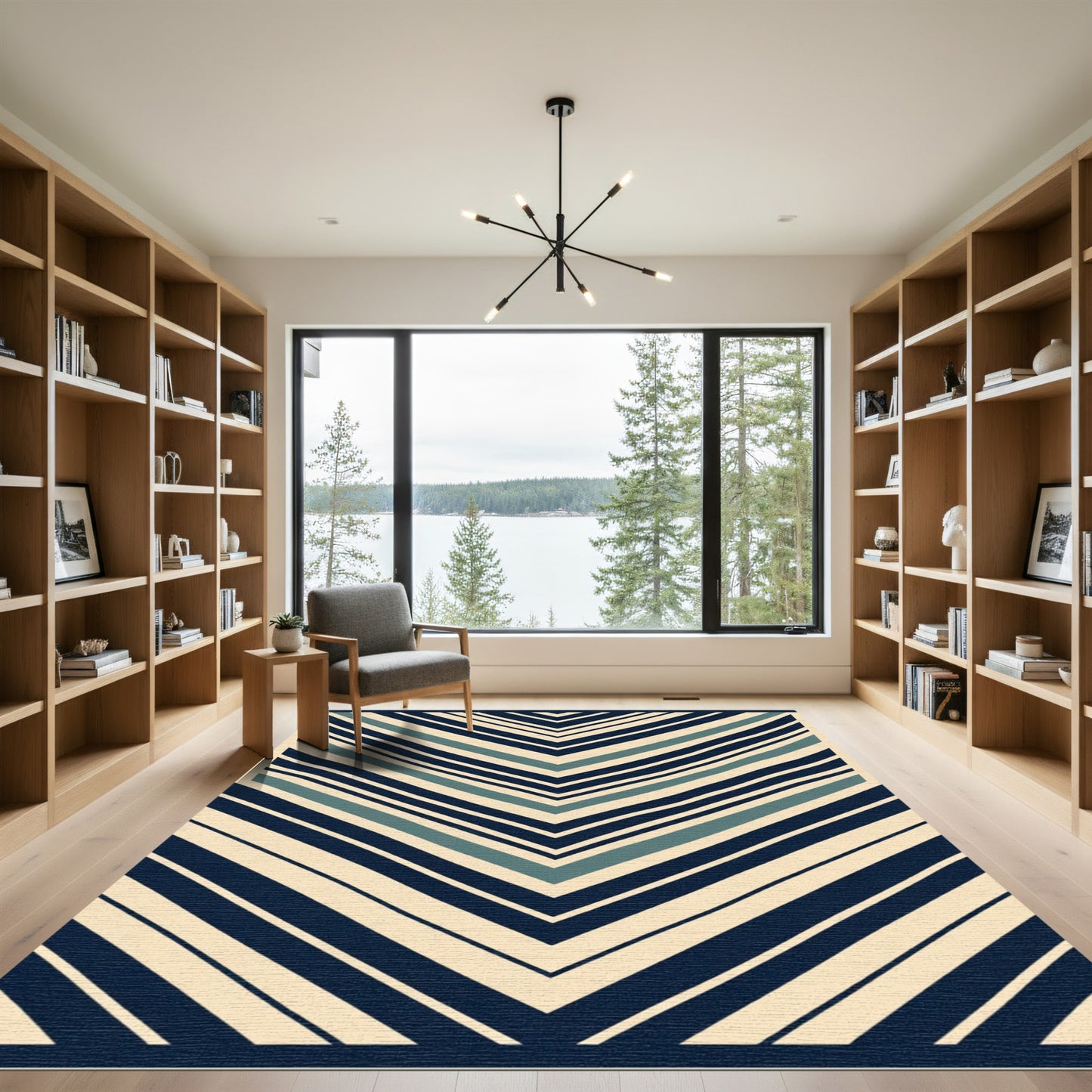 Navy Teal Cream Chevron Stripe Rug