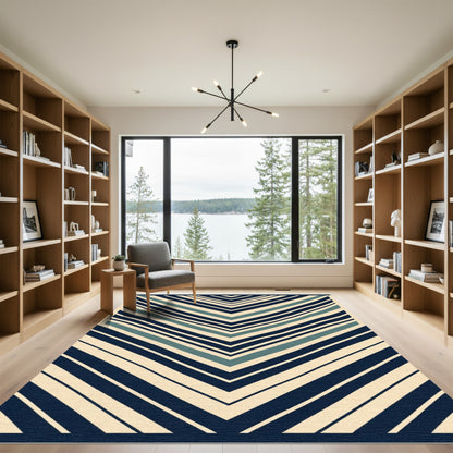Navy Teal Cream Chevron Stripe Rug