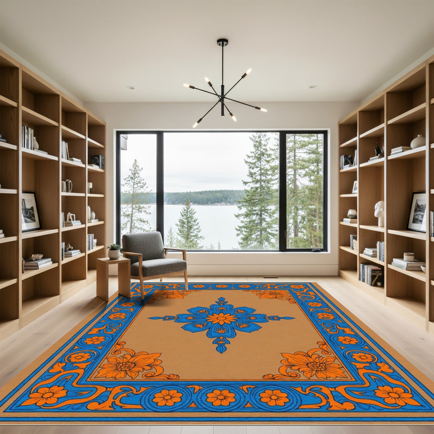 Orange Blue Floral Medallion Border Rug