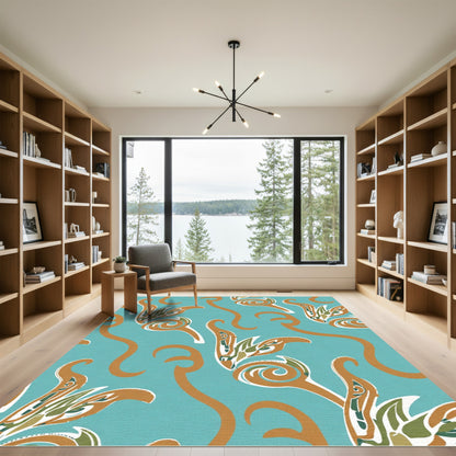 Teal White Gold Tribal Scroll Rug