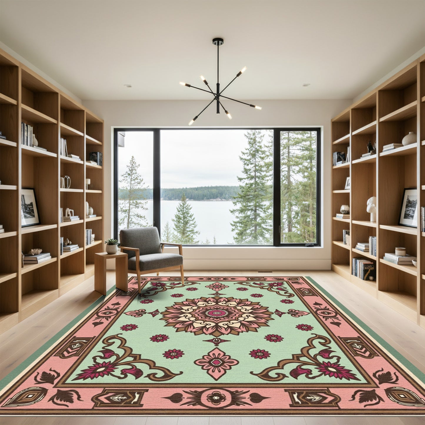Vintage Mint And Pink Floral Medallion Rug