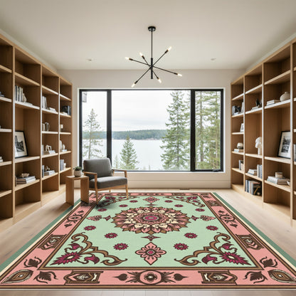 Vintage Mint And Pink Floral Medallion Rug