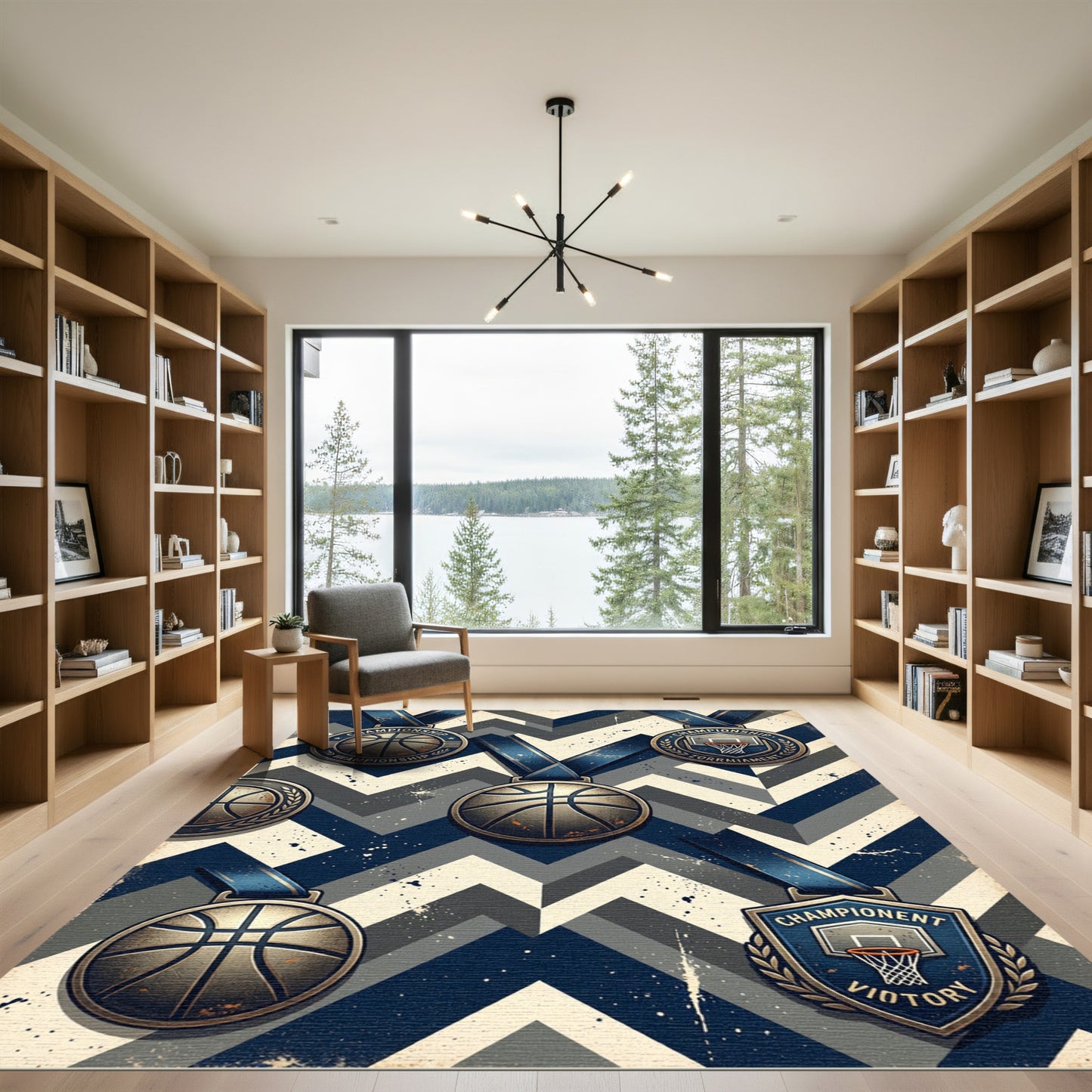 Vintage Basketball Championship Navy Chevron Rug