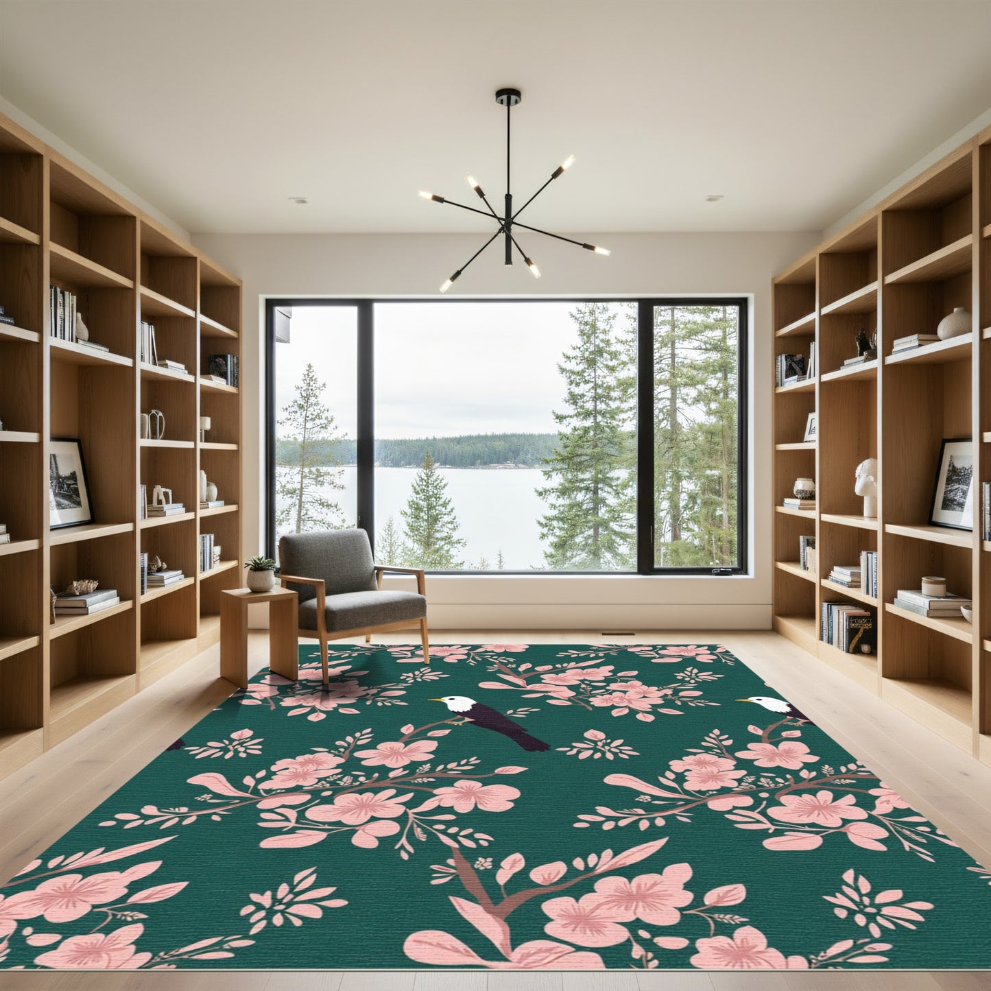 Pink Blossom Bird Branch Teal Rug