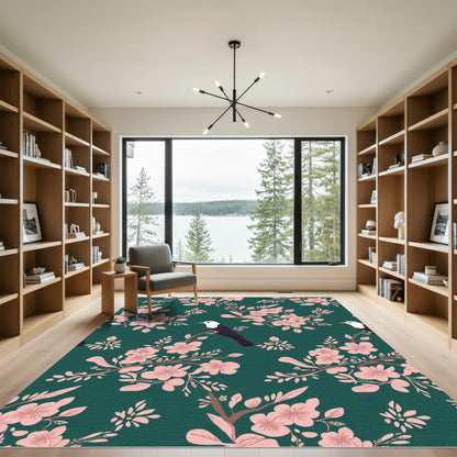 Pink Blossom Bird Branch Teal Rug