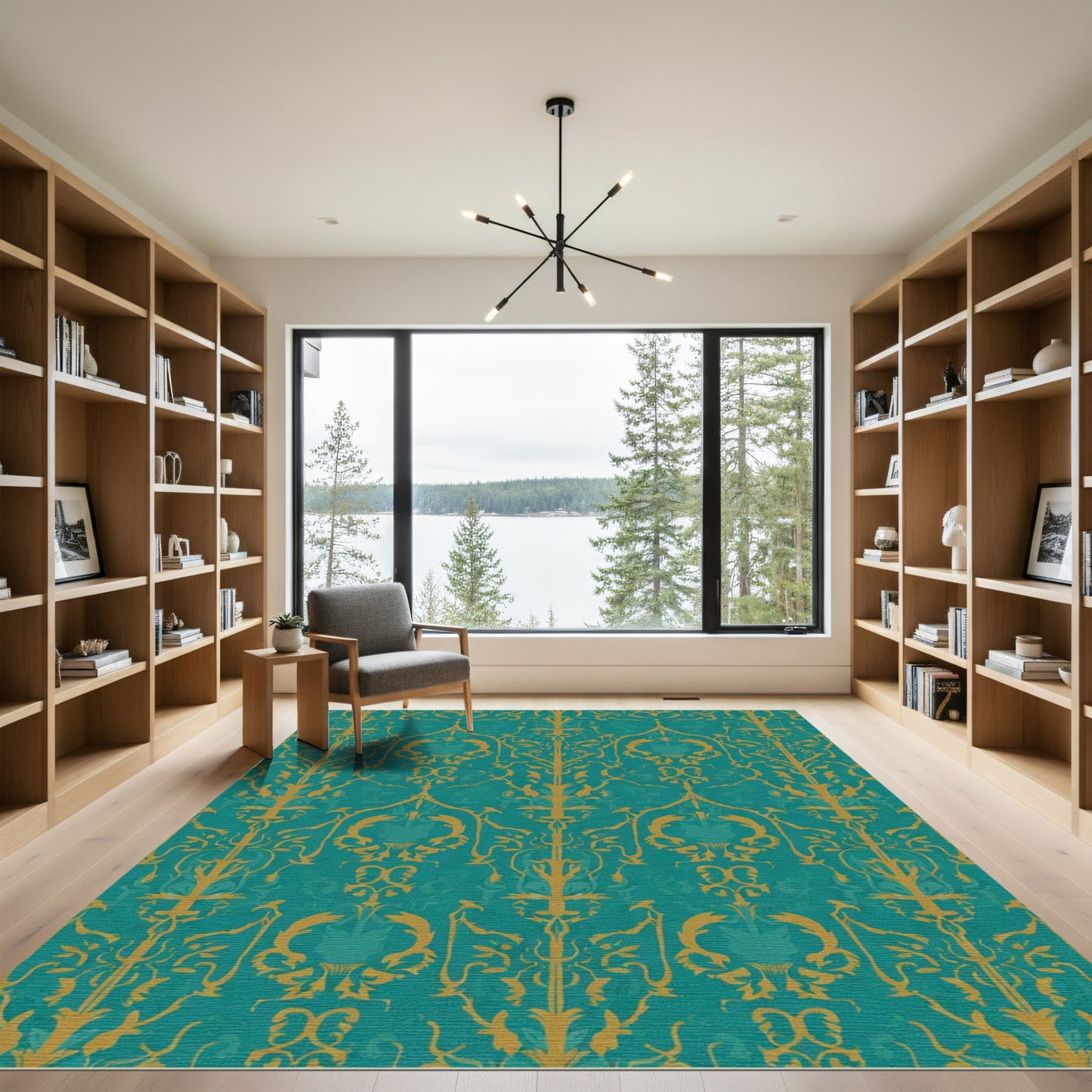 Gold Teal Damask Scrollwork Rug