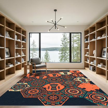 Hexagonal Tribal Orange Teal Totem Art Rug