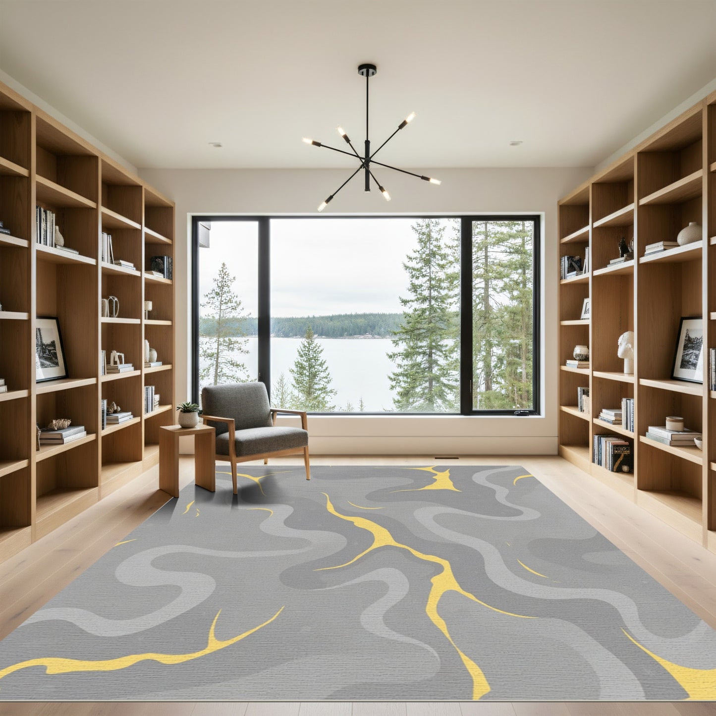 Modern Gray Yellow Swirl Abstract Rug