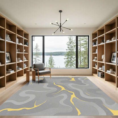 Modern Gray Yellow Swirl Abstract Rug