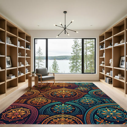Vibrant Ornate Sunburst Geometric Mandala Rug