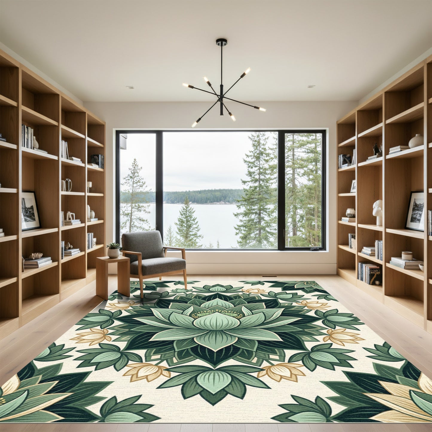 Sage Green Lotus Floral Mandala Rug