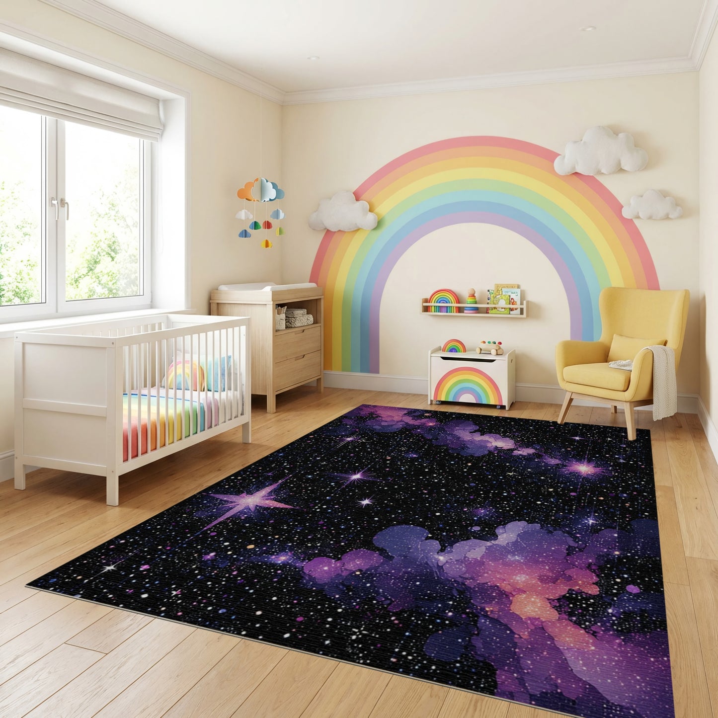 Vibrant Purple Nebula Sparkling Stars Rug