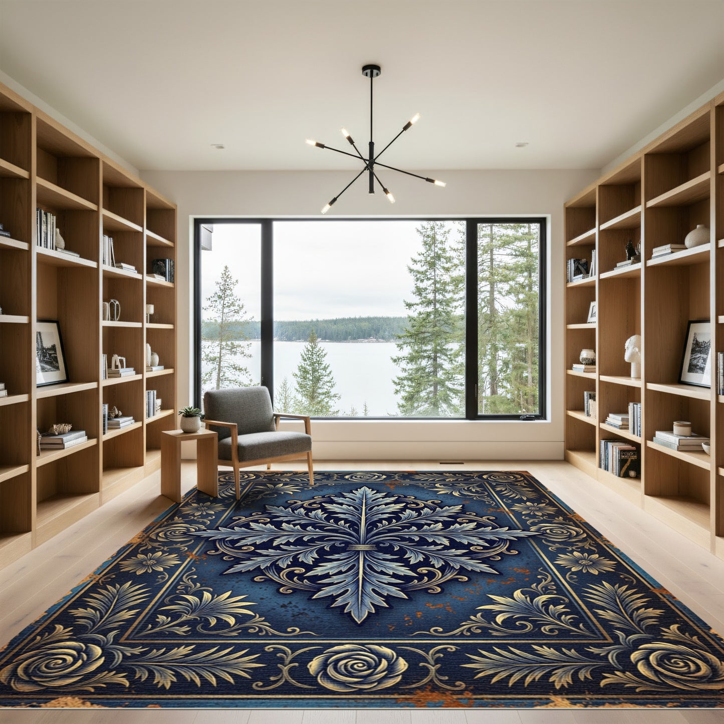 Ornate Navy Acanthus Leaf Floral Medallion Rug