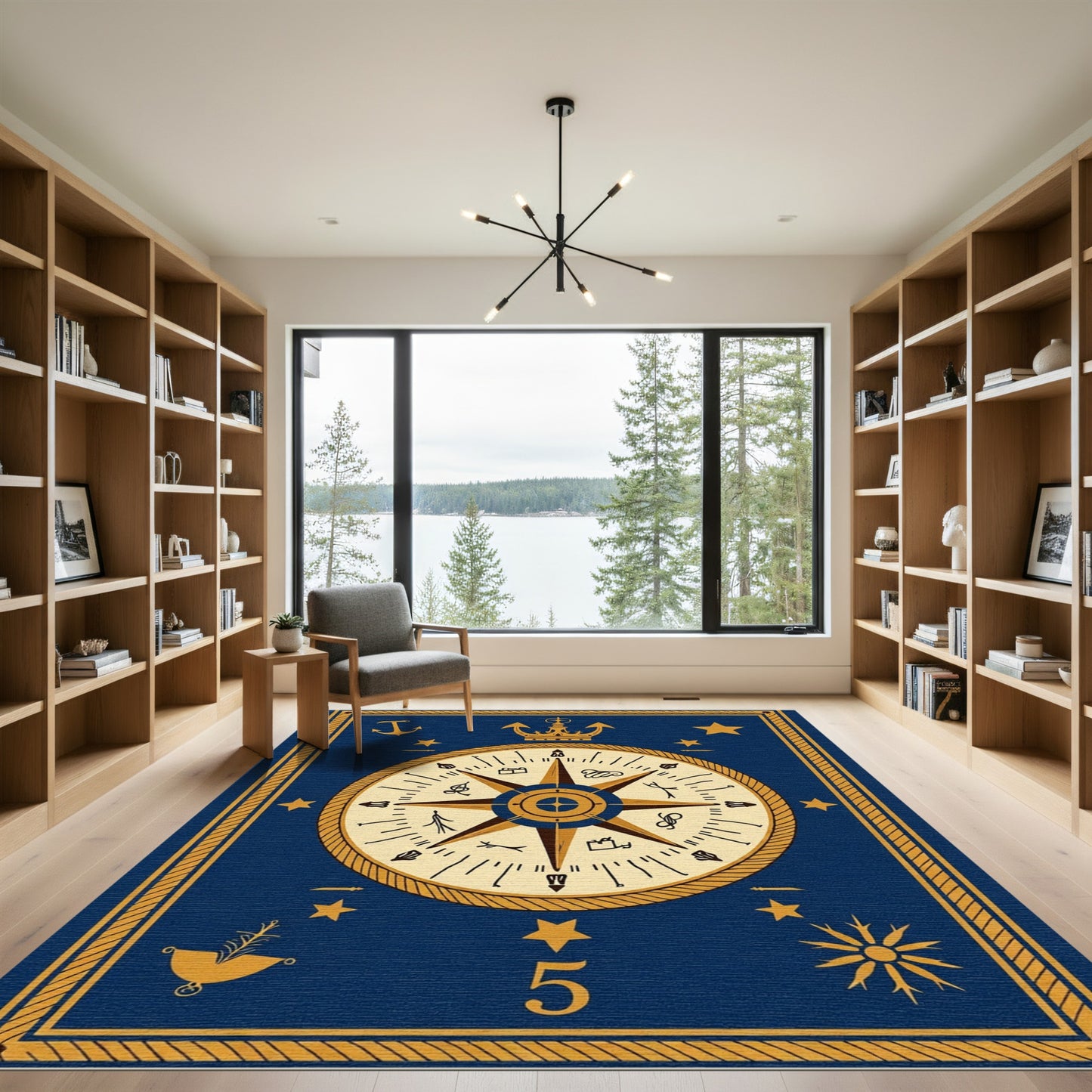 Navy Golden Nautical Compass Star Rug