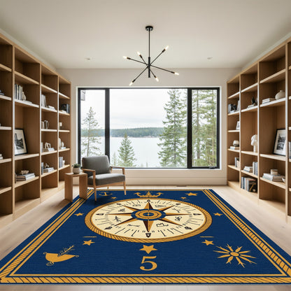 Navy Golden Nautical Compass Star Rug