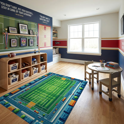 Vibrant Aerial Soccer Field City Rug