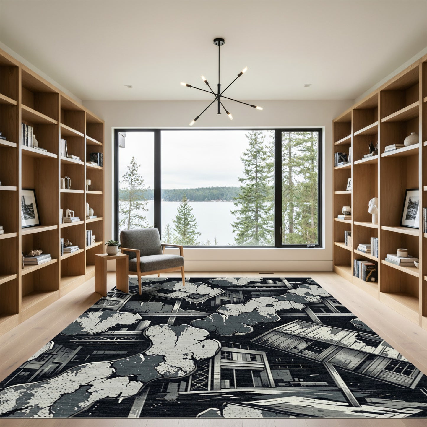 Industrial Ruined Cityscape Monochromatic Rug