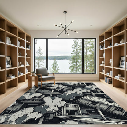 Industrial Ruined Cityscape Monochromatic Rug