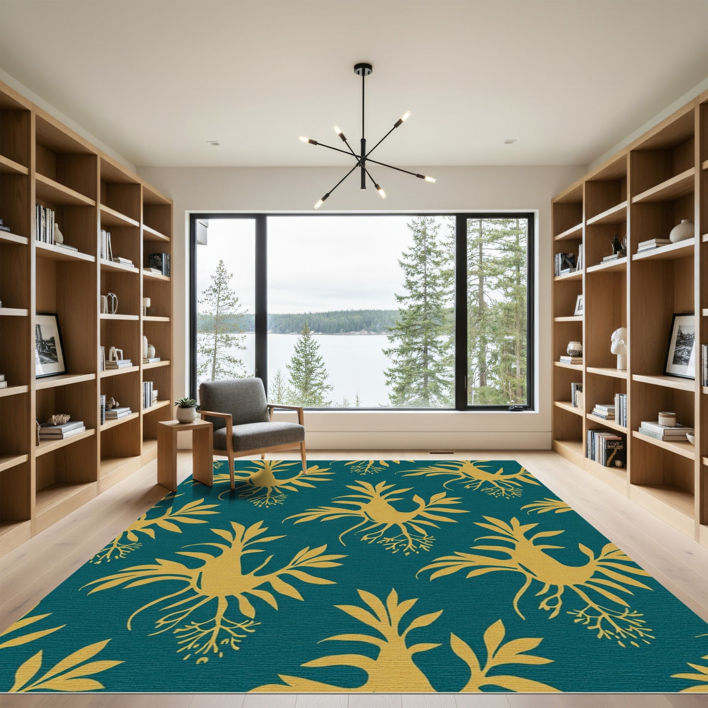 Golden Teal Botanical Art Rug